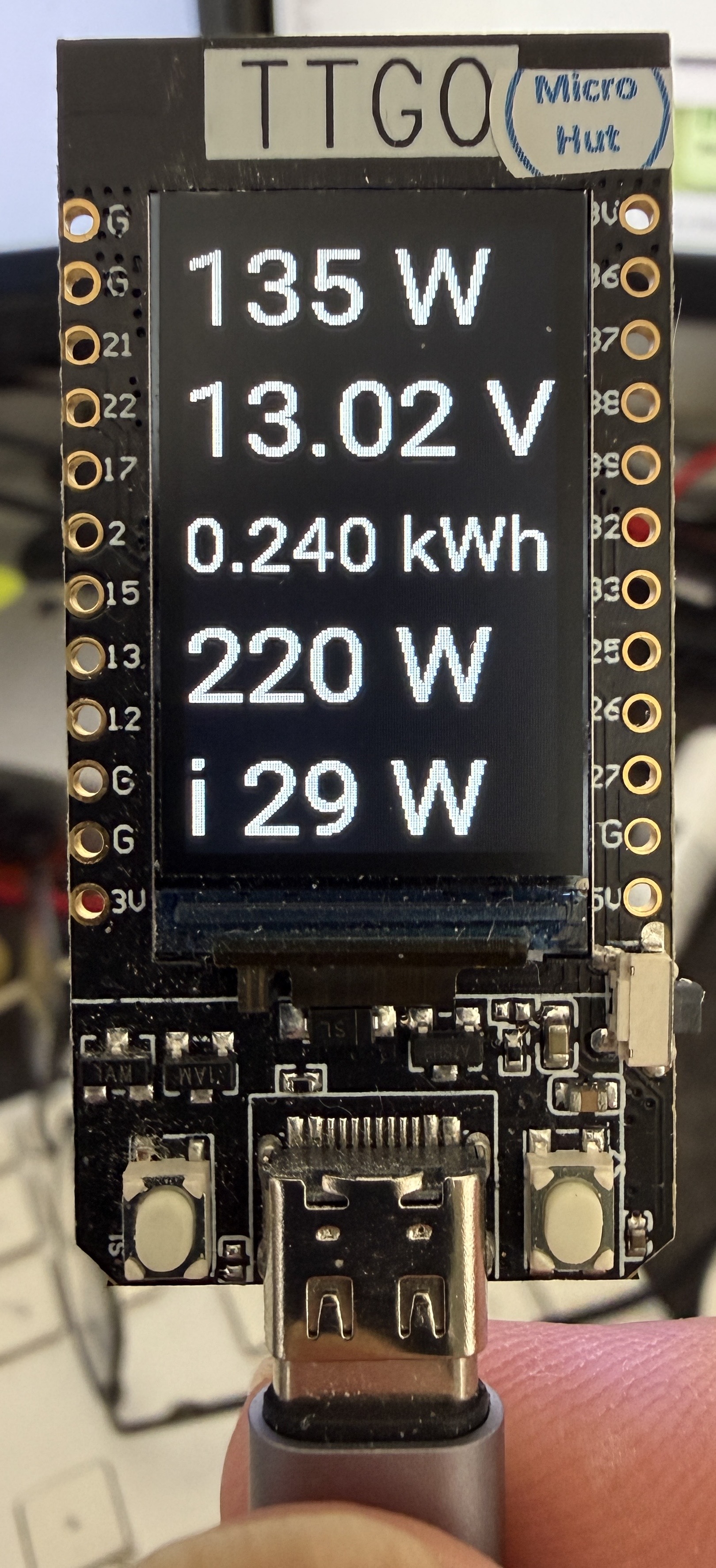 LilyGO TTGO T-Display showing solar PV power, battery voltage, yield, house power and load