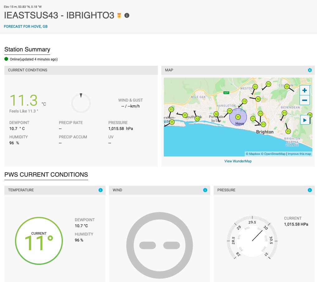 Weather Underground dashboard for station IBRIGHTO3 showing live temperature, dewpoint, humidity and pressure for Hove