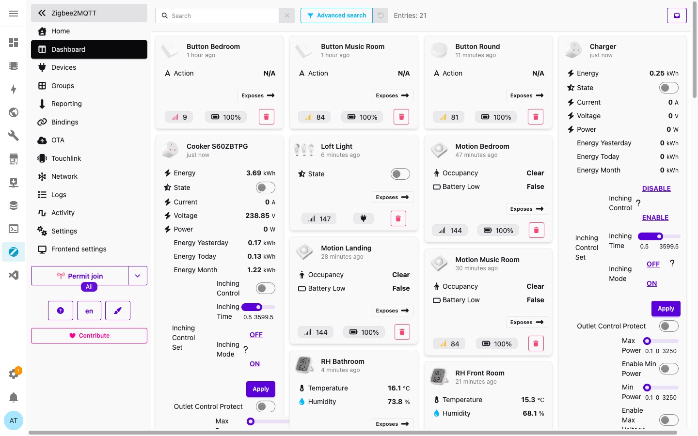 Zigbee2MQTT dashboard showing 21 paired devices with LQI and battery status