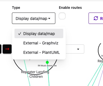 Z2M map type dropdown showing Display data/map, External Graphviz and External PlantUML options